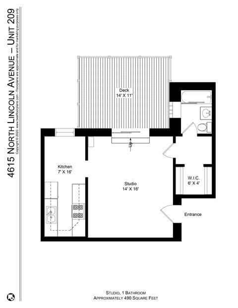 Floor plan for studio, 1 bath